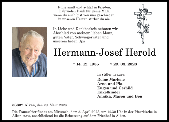 Traueranzeige von Hermann-Josef Herold von Rhein-Zeitung