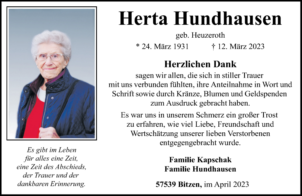 Traueranzeige für Herta Hundhausen vom 01.04.2023 aus Rhein-Zeitung