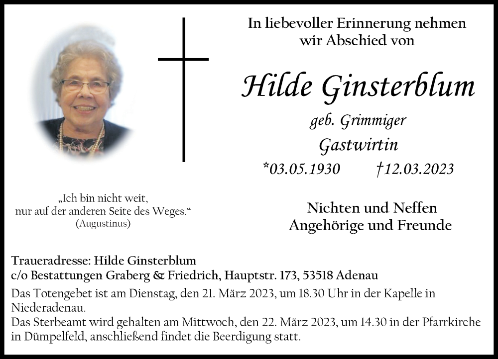  Traueranzeige für Hilde Ginsterblum vom 18.03.2023 aus Rhein-Zeitung