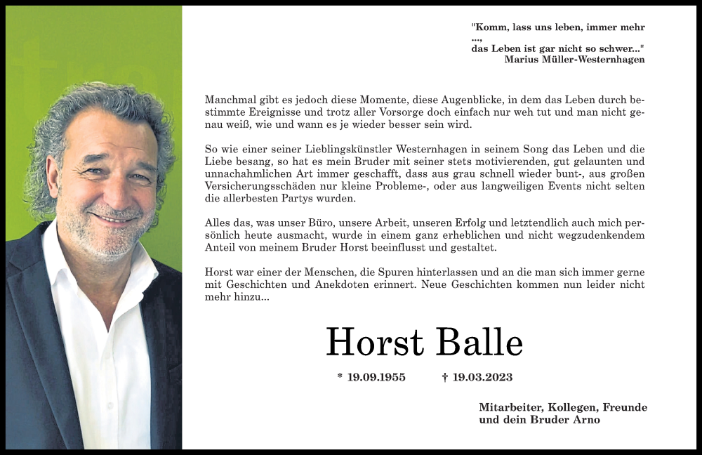  Traueranzeige für Horst Balle vom 01.04.2023 aus Rhein-Zeitung