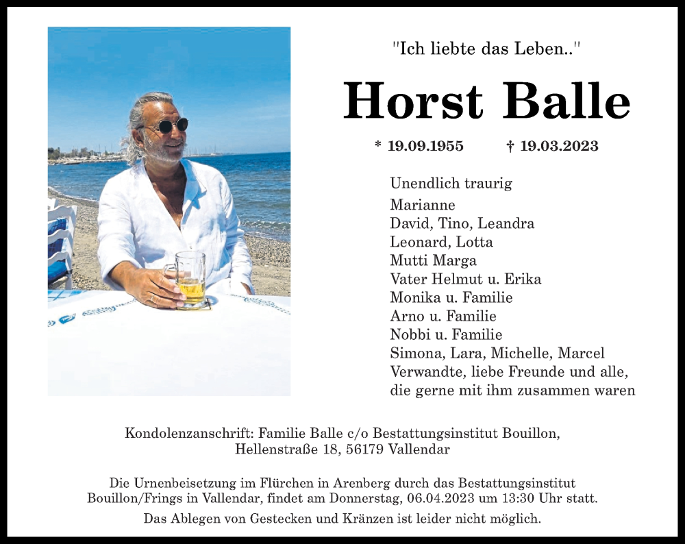  Traueranzeige für Horst Balle vom 01.04.2023 aus Rhein-Zeitung