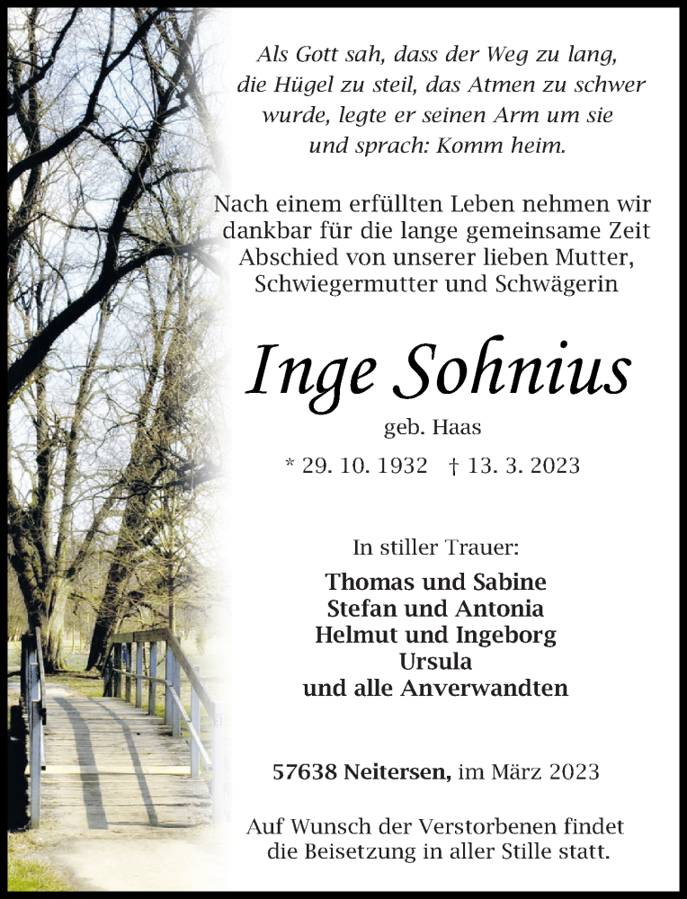  Traueranzeige für Inge Sohnius vom 18.03.2023 aus Rhein-Zeitung