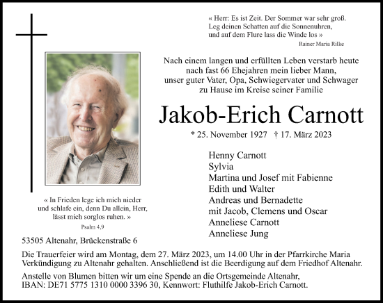Traueranzeige von Jakob-Erich Carnott von Rhein-Zeitung