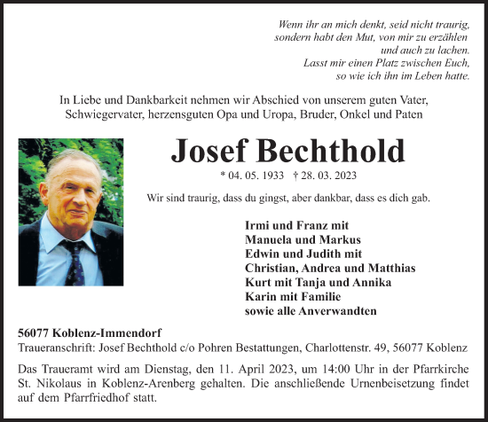 Traueranzeige von Josef Bechthold von Rhein-Zeitung