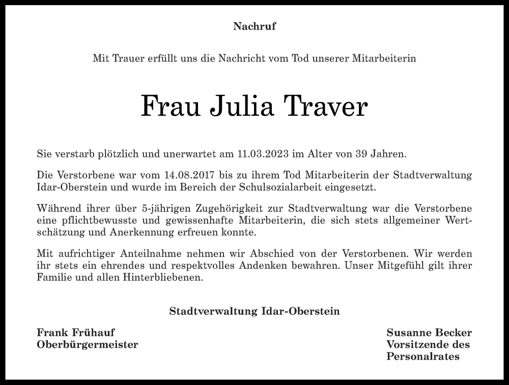  Traueranzeige für Julia Traver vom 17.03.2023 aus Nahe-Zeitung