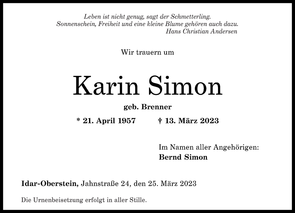  Traueranzeige für Karin Simon vom 18.03.2023 aus Nahe-Zeitung