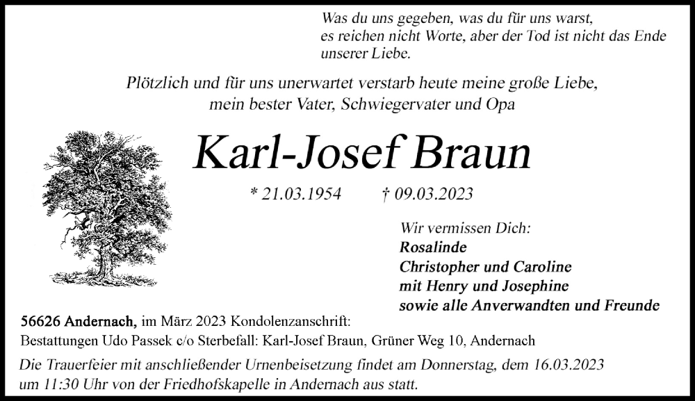  Traueranzeige für Karl-Josef Braun vom 15.03.2023 aus Rhein-Zeitung