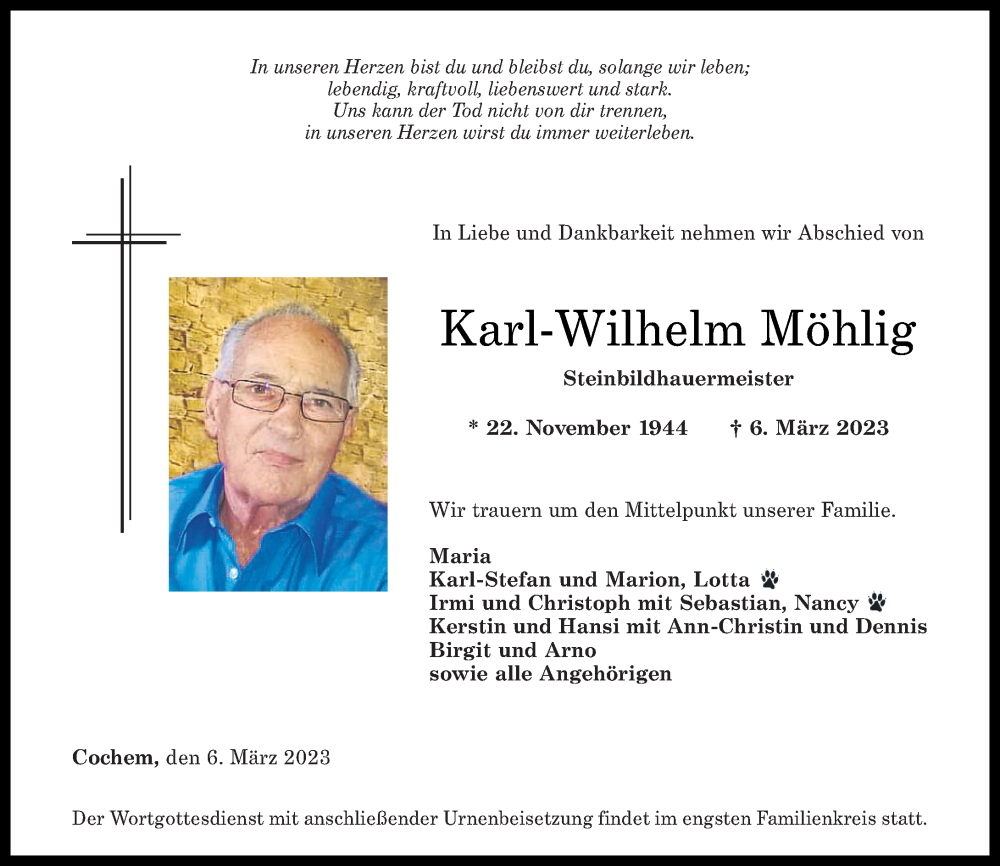  Traueranzeige für Karl-Wilhelm Möhlig vom 11.03.2023 aus Rhein-Zeitung