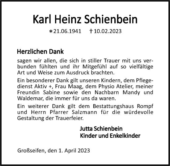Traueranzeige von Karl Heinz Schienbein von Westerwälder Zeitung