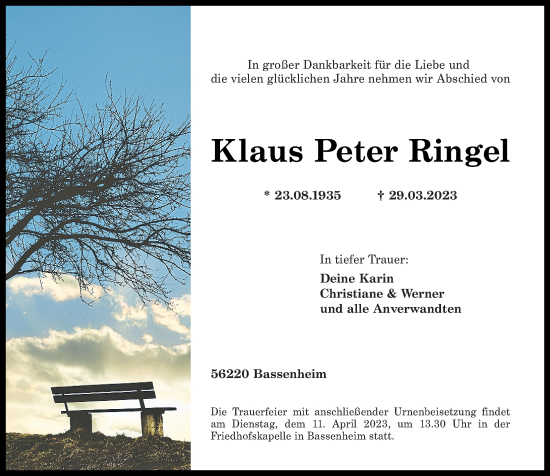 Traueranzeige von Klaus Peter Ringel von Rhein-Zeitung