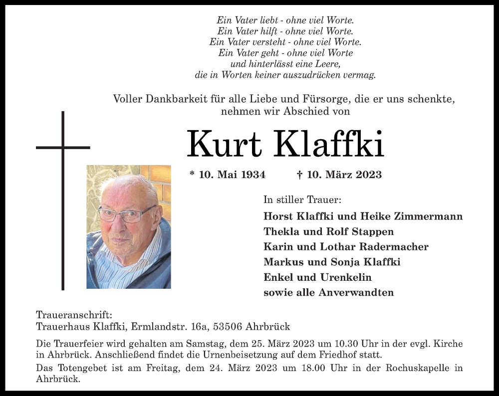  Traueranzeige für Kurt Klaffki vom 18.03.2023 aus Rhein-Zeitung