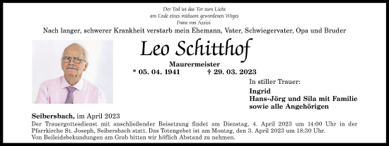 Traueranzeige von Leo Schitthof von Oeffentlicher Anzeiger, Rhein-Hunsrück-Zeitung
