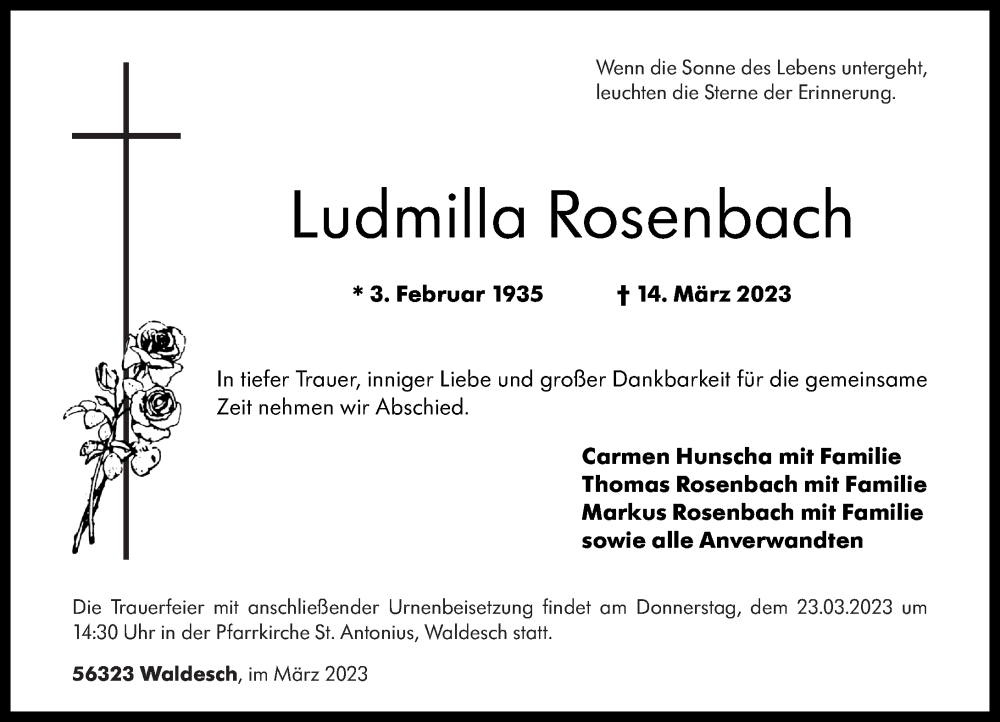  Traueranzeige für Ludmilla Rosenbach vom 18.03.2023 aus Rhein-Zeitung