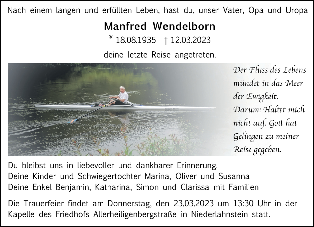  Traueranzeige für Manfred Wendelborn vom 18.03.2023 aus Rhein-Lahn-Zeitung