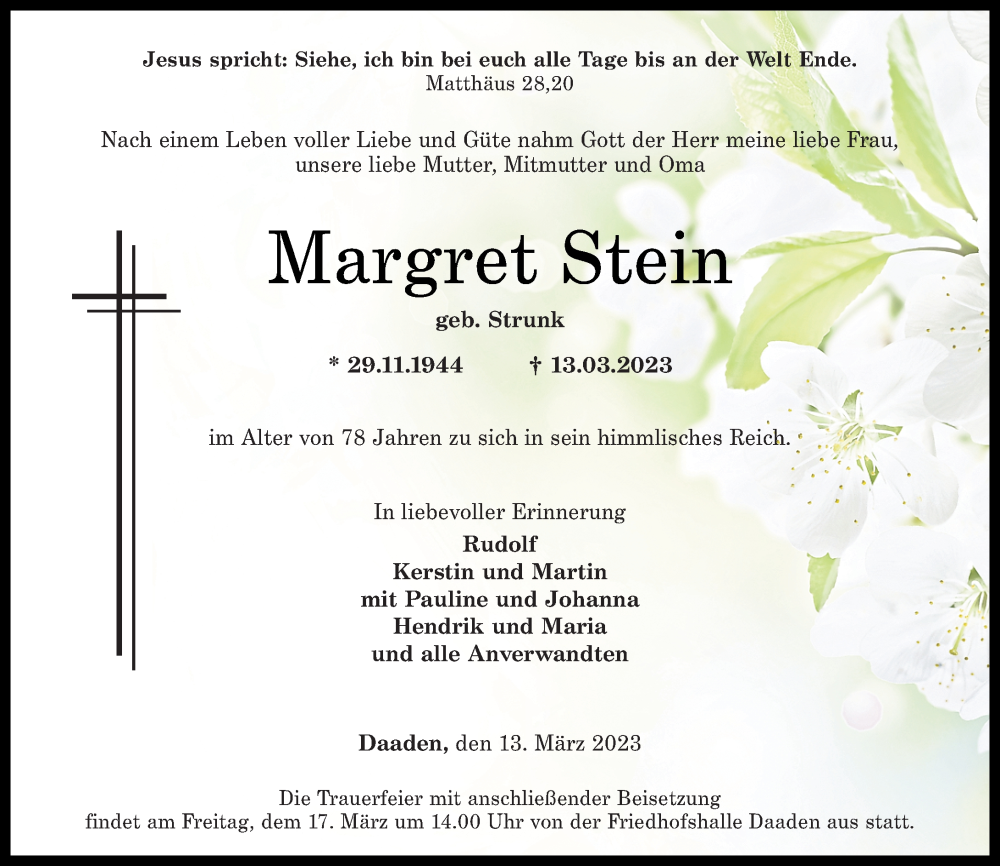  Traueranzeige für Margret Stein vom 16.03.2023 aus Rhein-Zeitung