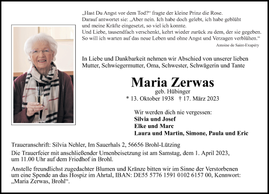 Traueranzeige von Maria Zerwas von Rhein-Zeitung