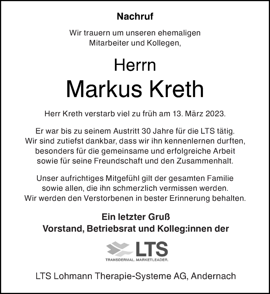  Traueranzeige für Markus Kreth vom 18.03.2023 aus Rhein-Zeitung