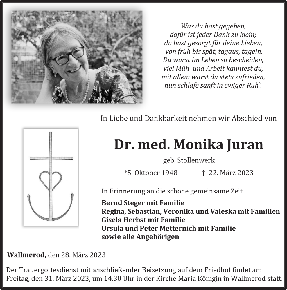  Traueranzeige für Monika Juran vom 28.03.2023 aus Westerwälder Zeitung