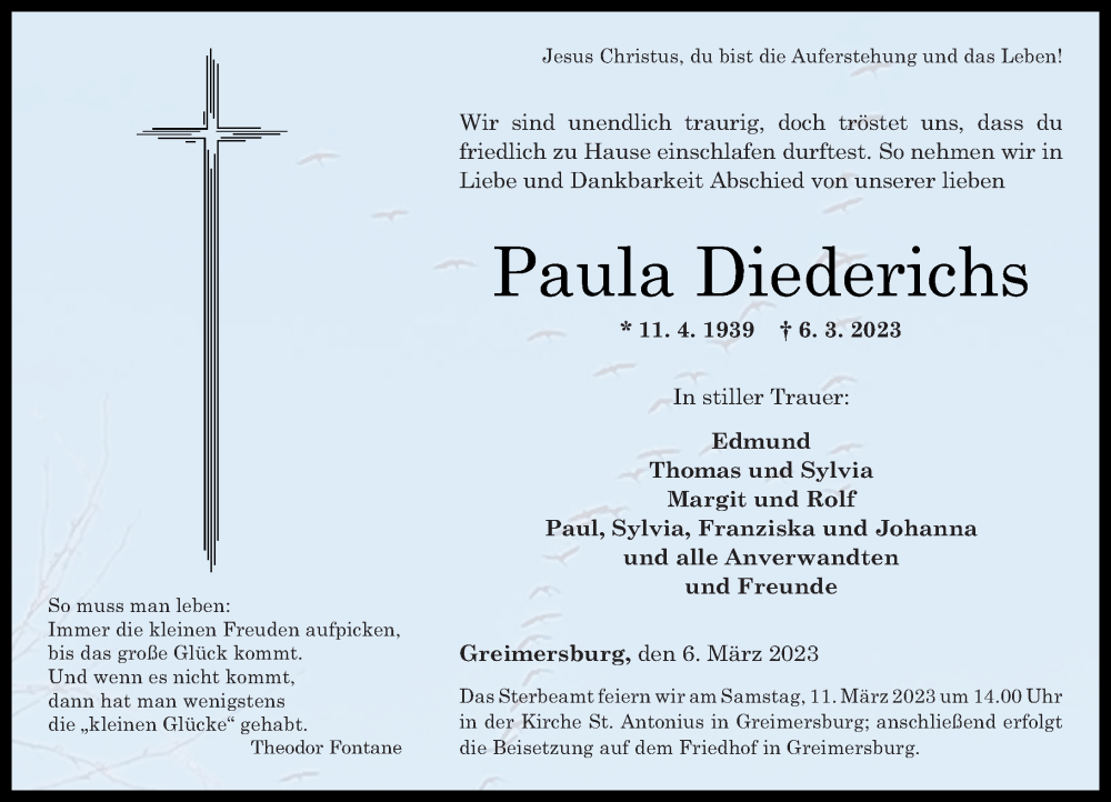  Traueranzeige für Paula Diederichs vom 09.03.2023 aus Rhein-Zeitung