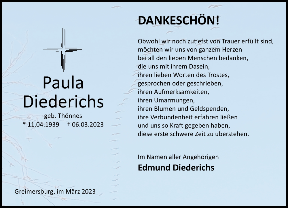  Traueranzeige für Paula Diederichs vom 18.03.2023 aus Rhein-Zeitung
