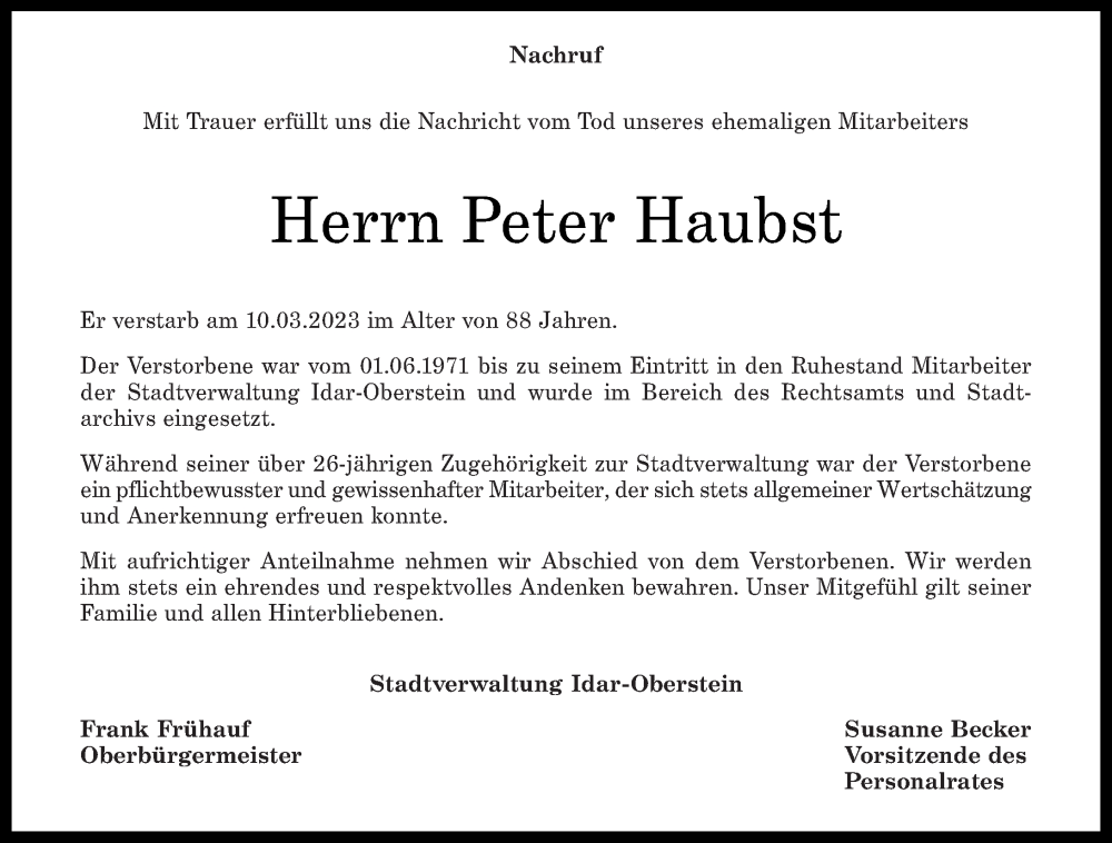  Traueranzeige für Peter Haubst vom 15.03.2023 aus Nahe-Zeitung