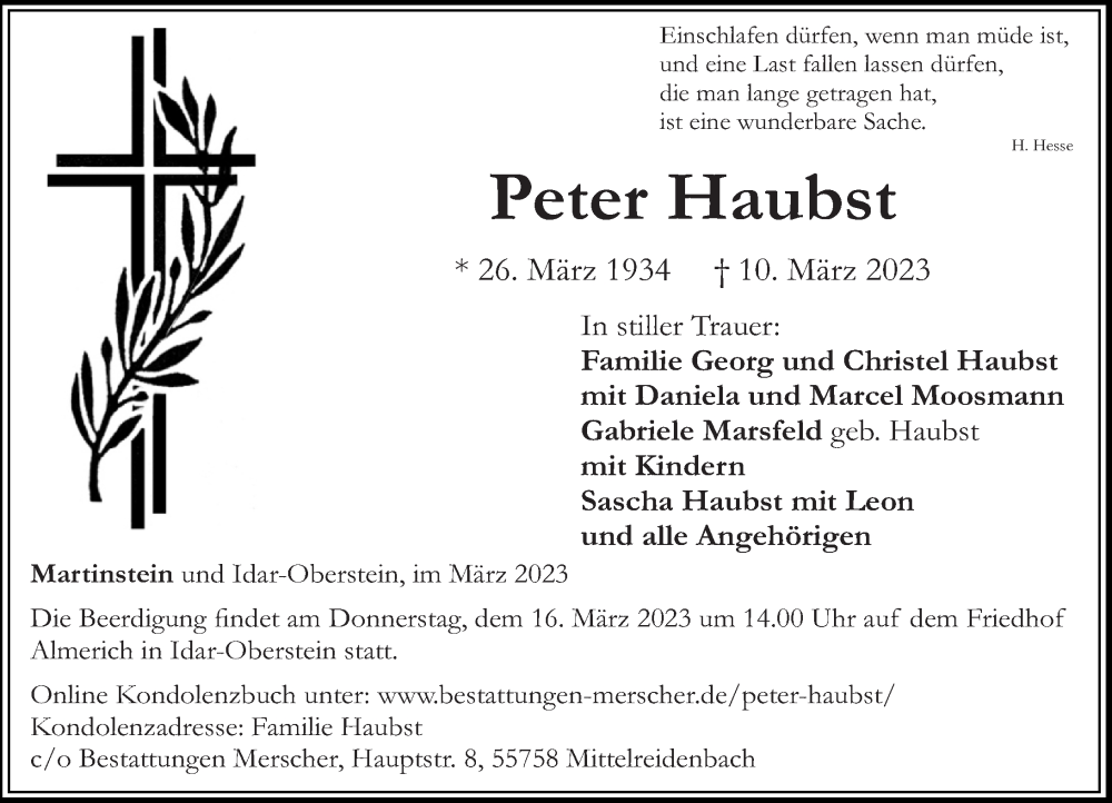  Traueranzeige für Peter Haubst vom 14.03.2023 aus Oeffentlicher Anzeiger