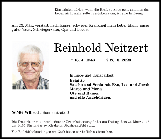 Traueranzeige von Reinhold Neitzert von Rhein-Zeitung