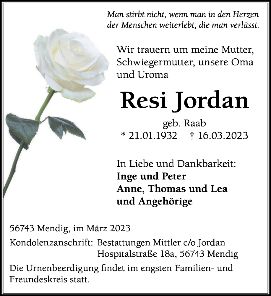  Traueranzeige für Resi Jordan vom 18.03.2023 aus Rhein-Zeitung