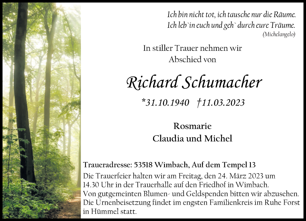 Traueranzeige für Richard Schumacher vom 18.03.2023 aus Rhein-Zeitung