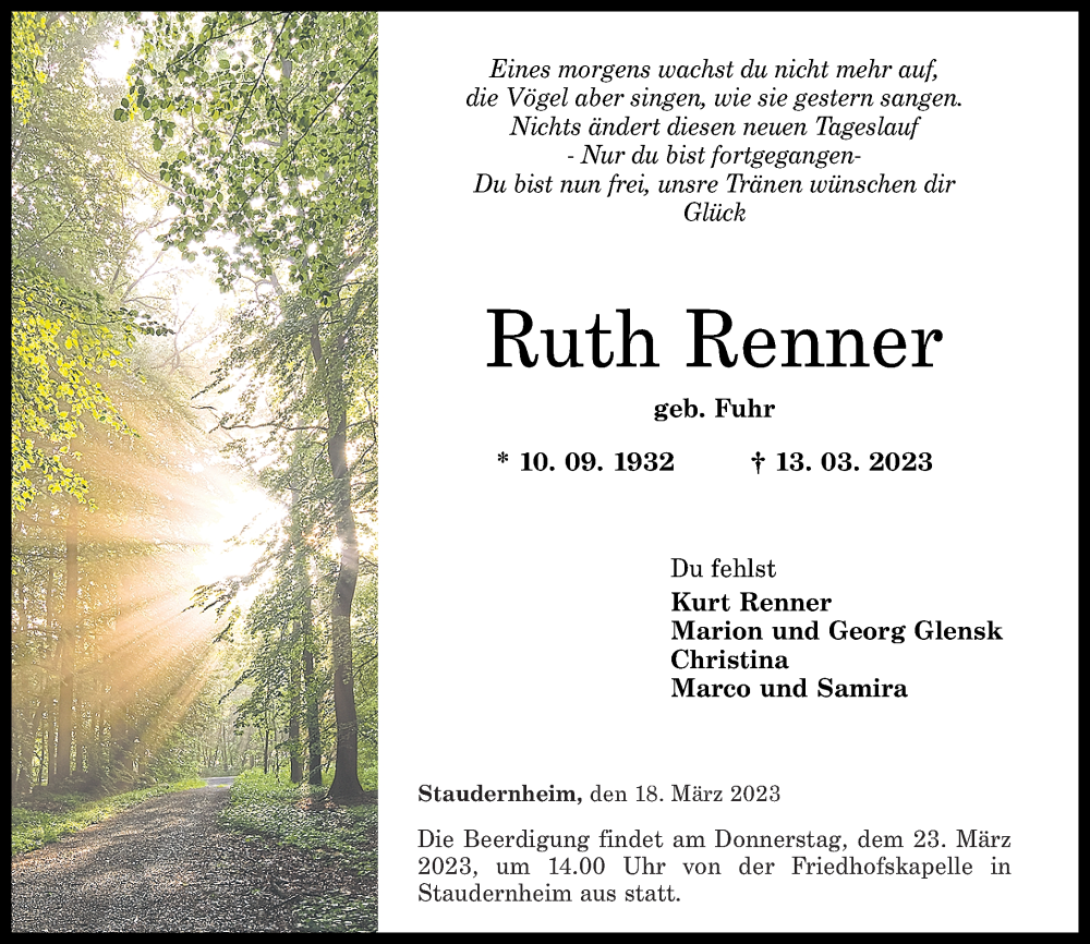  Traueranzeige für Ruth Renner vom 18.03.2023 aus Oeffentlicher Anzeiger