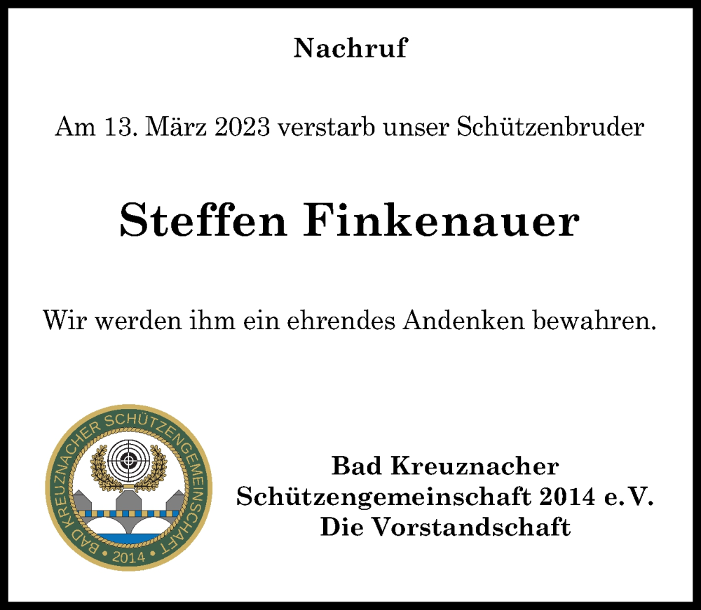  Traueranzeige für Steffen Finkenauer vom 25.03.2023 aus Oeffentlicher Anzeiger