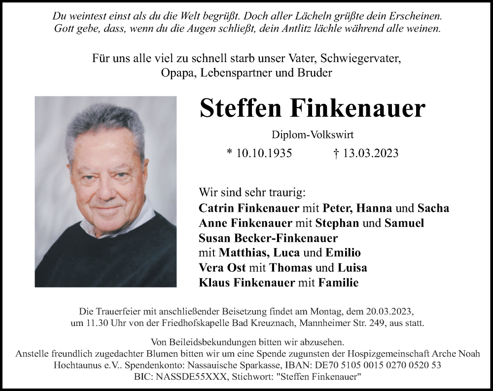  Traueranzeige für Steffen Finkenauer vom 18.03.2023 aus Oeffentlicher Anzeiger