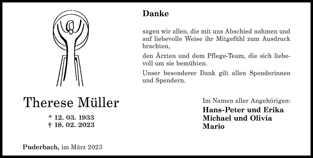  Traueranzeige für Therese Müller vom 18.03.2023 aus Rhein-Zeitung