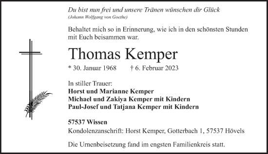 Traueranzeige von Thomas Kemper von Rhein-Zeitung