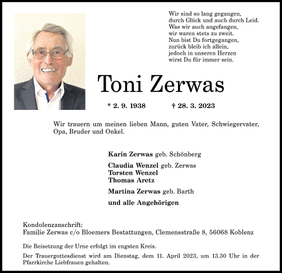 Traueranzeige von Toni Zerwas von Rhein-Zeitung