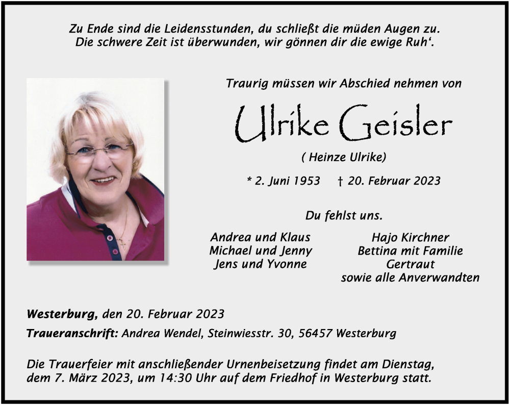 Traueranzeigen von Ulrike Geisler | rz-trauer.de