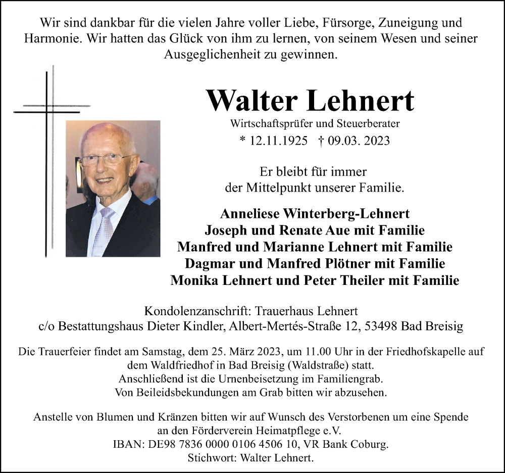 Traueranzeige für Walter Lehnert vom 18.03.2023 aus Rhein-Zeitung