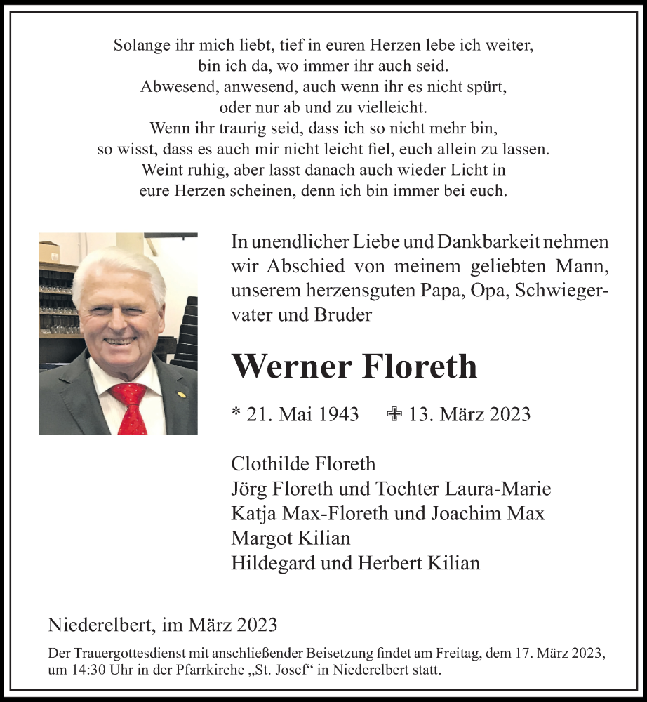  Traueranzeige für Werner Floreth vom 15.03.2023 aus Westerwälder Zeitung