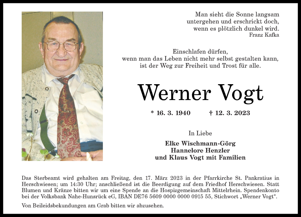  Traueranzeige für Werner Vogt vom 15.03.2023 aus Rhein-Zeitung, Rhein-Hunsrück-Zeitung