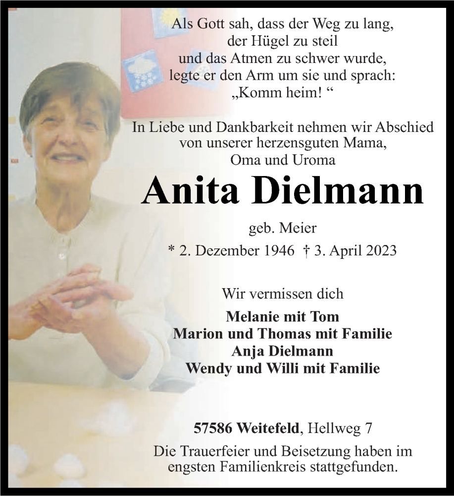  Traueranzeige für Anita Dielmann vom 14.04.2023 aus Rhein-Zeitung