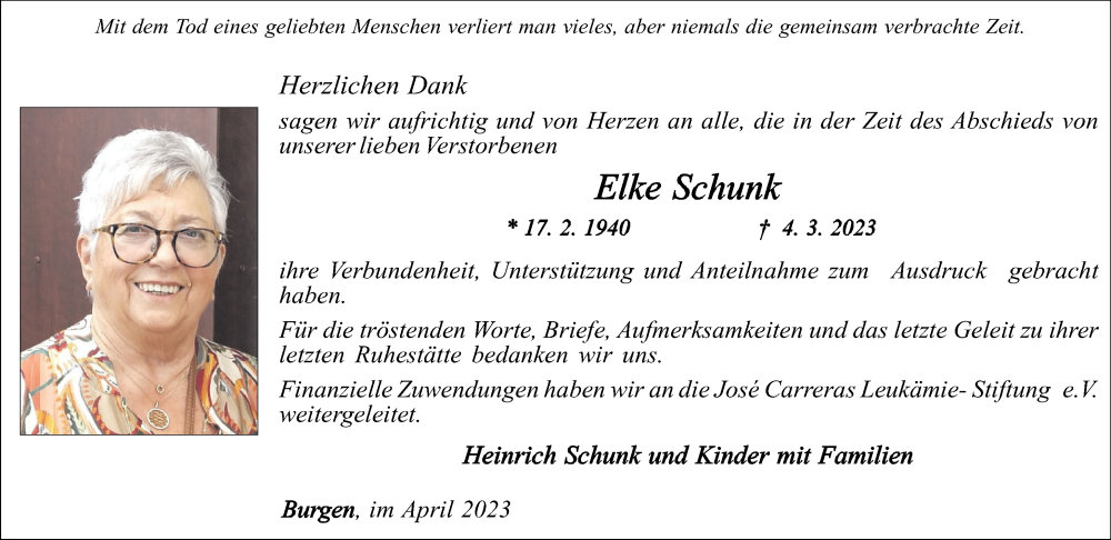  Traueranzeige für Elke Schunk vom 29.04.2023 aus Rhein-Zeitung
