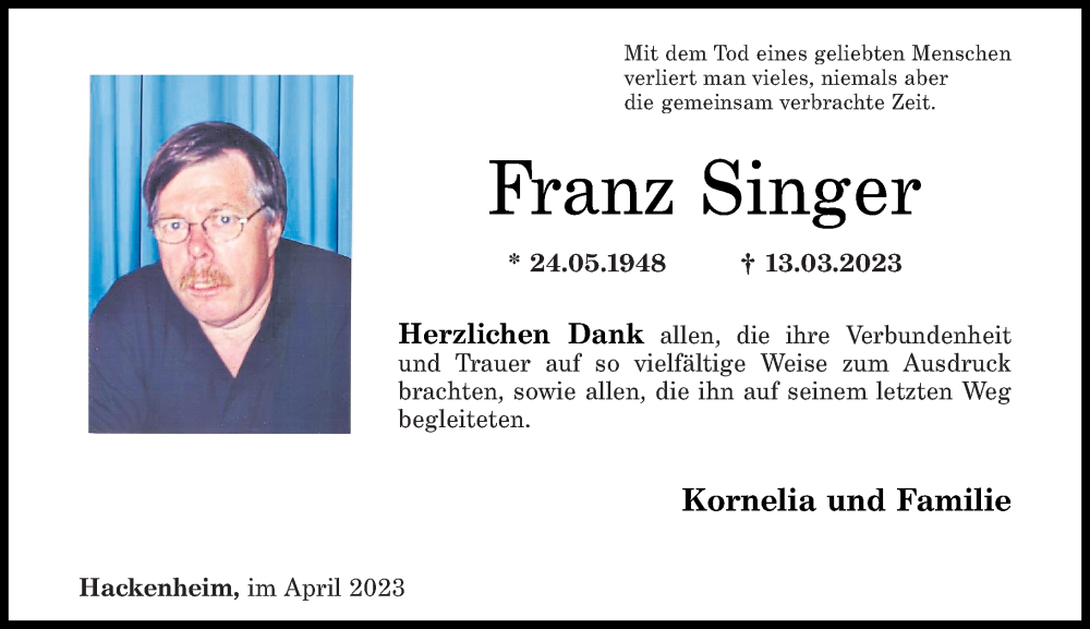  Traueranzeige für Franz Singer vom 29.04.2023 aus Oeffentlicher Anzeiger