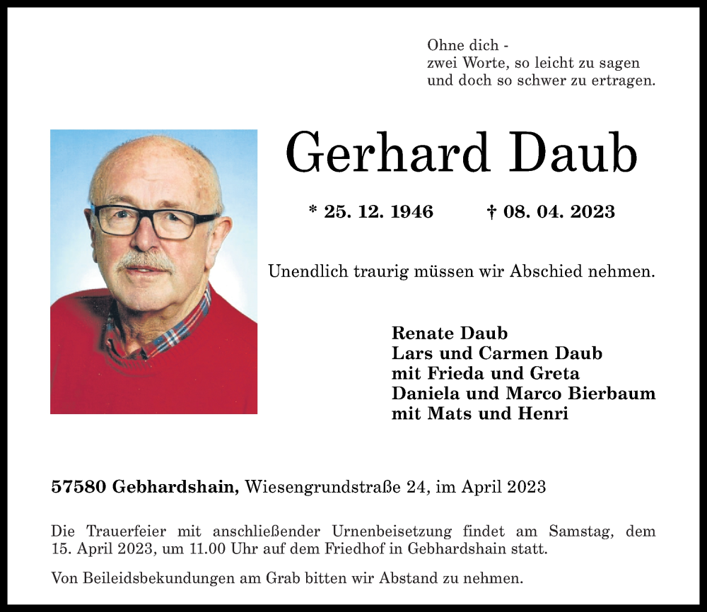  Traueranzeige für Gerhard Daub vom 12.04.2023 aus Rhein-Zeitung, Westerwälder Zeitung