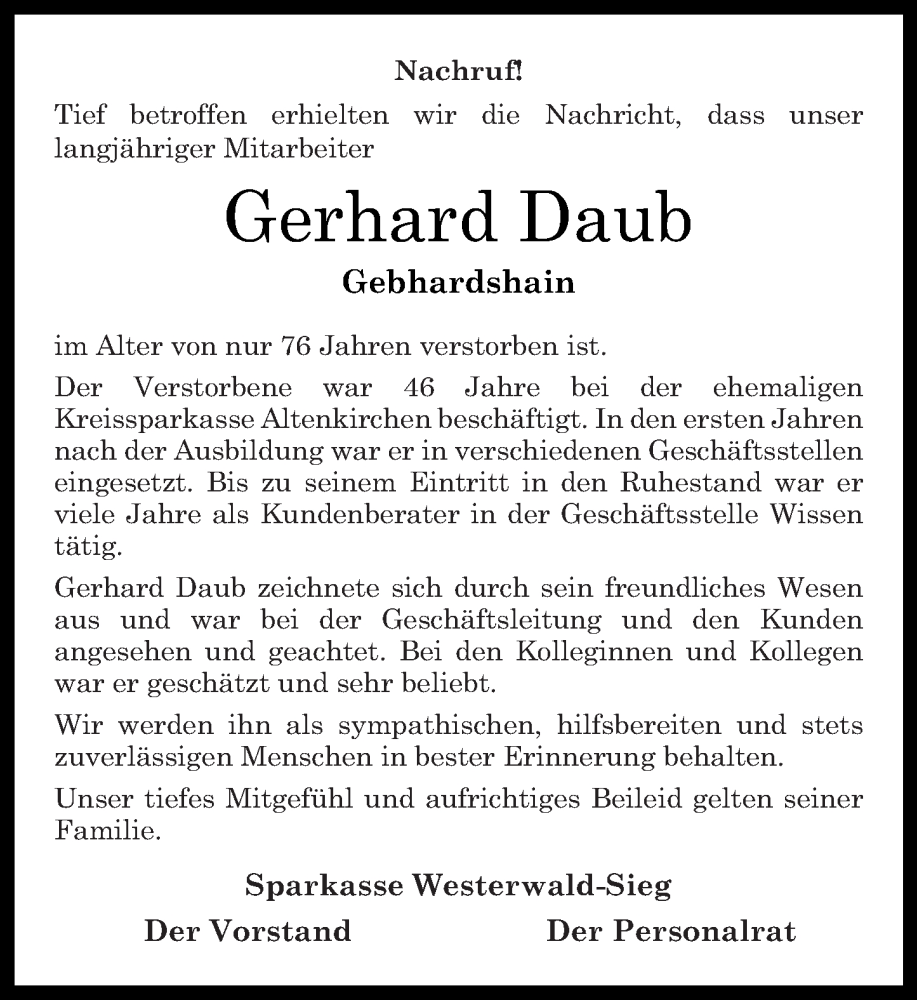  Traueranzeige für Gerhard Daub vom 15.04.2023 aus Rhein-Zeitung