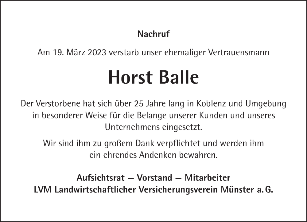  Traueranzeige für Horst Balle vom 08.04.2023 aus Rhein-Zeitung