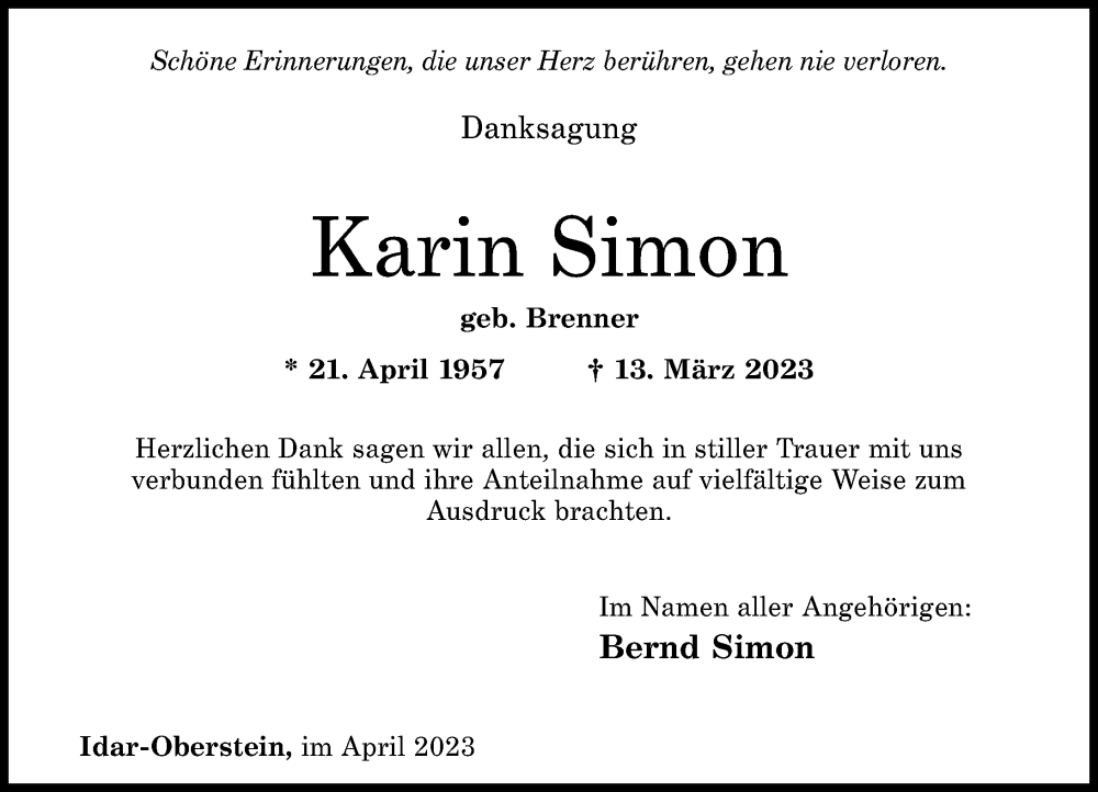  Traueranzeige für Karin Simon vom 22.04.2023 aus Nahe-Zeitung