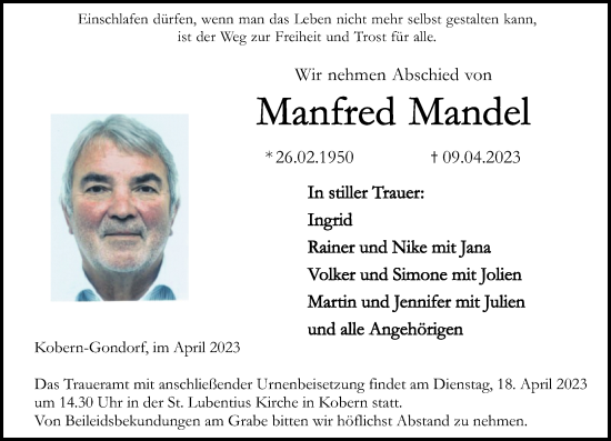 Traueranzeige von Manfred Mandel von Rhein-Zeitung