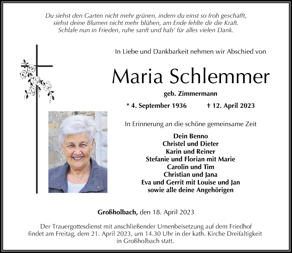 Traueranzeigen von Maria Schlemmer | rz-trauer.de