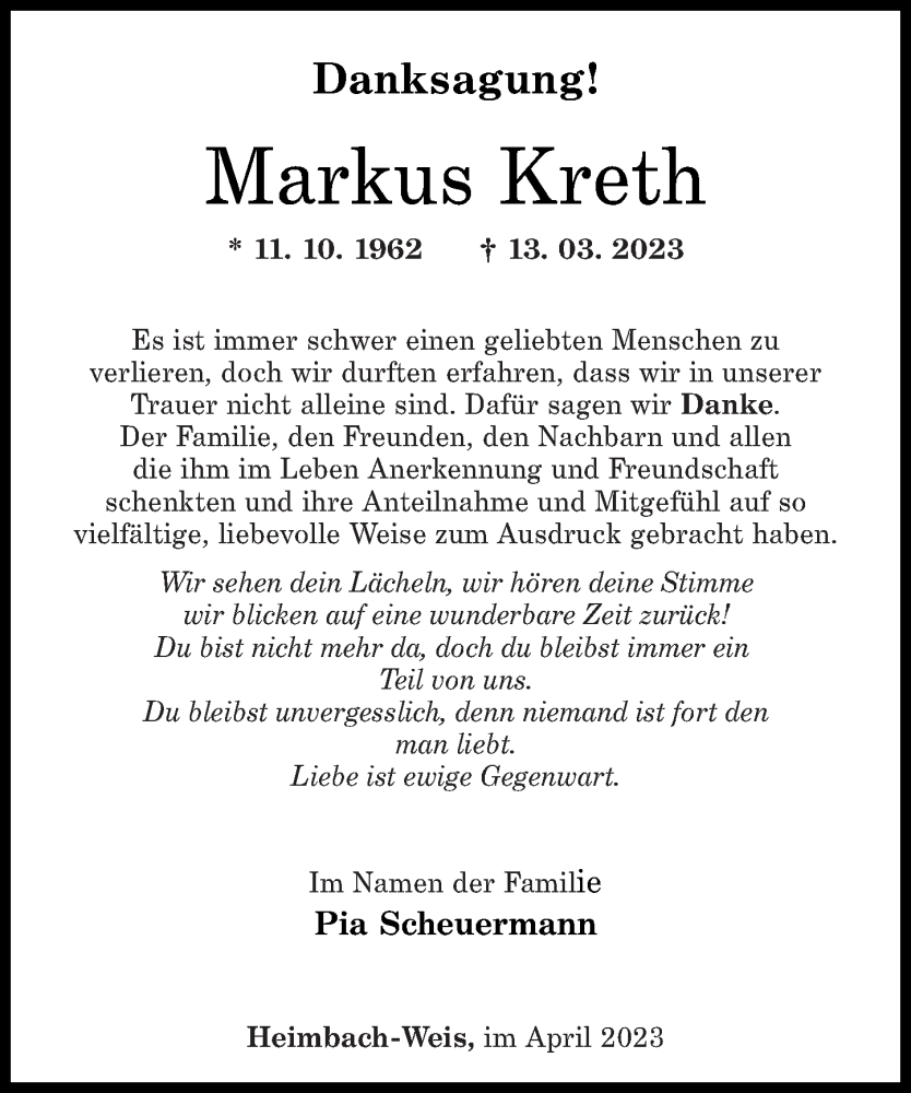  Traueranzeige für Markus Kreth vom 22.04.2023 aus Rhein-Zeitung
