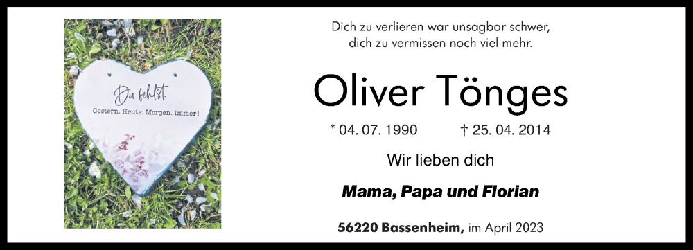  Traueranzeige für Oliver Tönges vom 22.04.2023 aus Rhein-Zeitung
